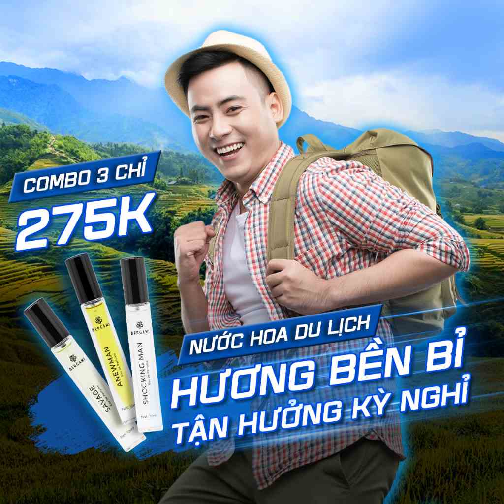 Set Nước Hoa Nam Thơm Lâu Bergami, Nước Hoa Chính Hãng Mùi Hương Hiện Đại Lịch Lãm, Lưu Hương 6H 10ml/chai