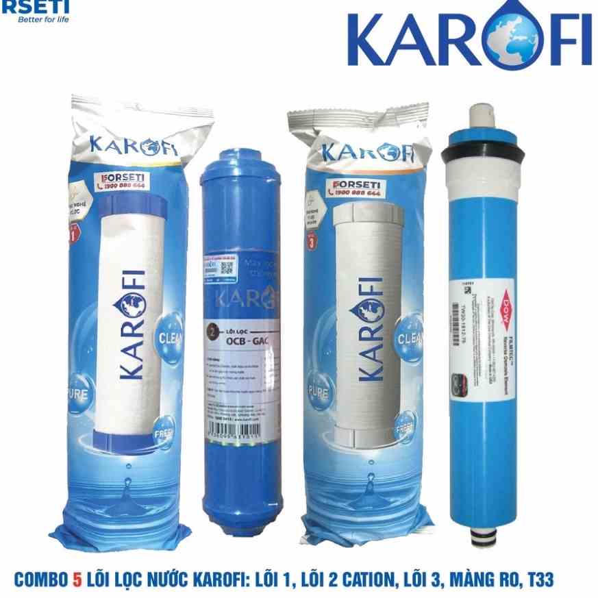 Combo bộ 3 lõi lọc thô 123 (Lõi số 2 OCB T33 nhỏ) và 1 màng RO 50gpd cho máy lọc nước Karofi ne