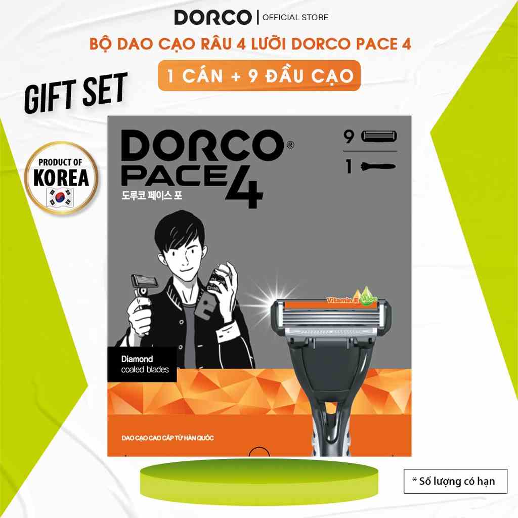 [Mã BMLTB35 giảm đến 35K đơn 99K] Bộ Dao Cạo Râu 4 Lưỡi Dorco Pace 4 có 1 Cán và 9 Đầu Cạo Làm Quà Tặng