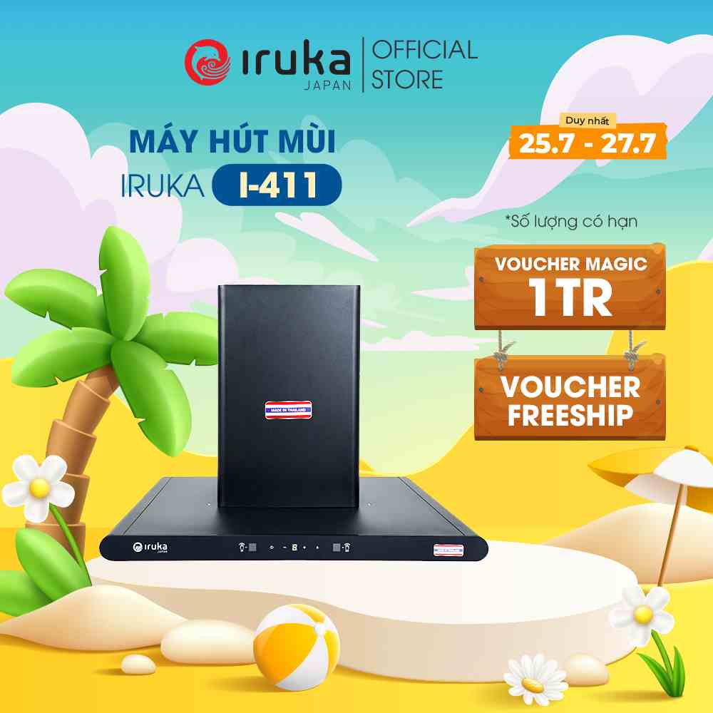 Máy hút mùi Iruka I-411, lọc tích hợp 2 chế độ, 9 cấp độ hút, điều khiển cảm ứng, bảo hành chính hãng