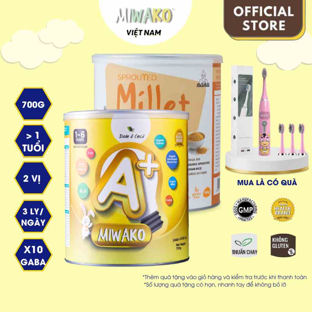 Sữa hạt Miwako A+ vị vani hộp 700g cho bé + Sữa hạt dinh dưỡng Millet nguyên vị hộp 700g - Miwako Official Store