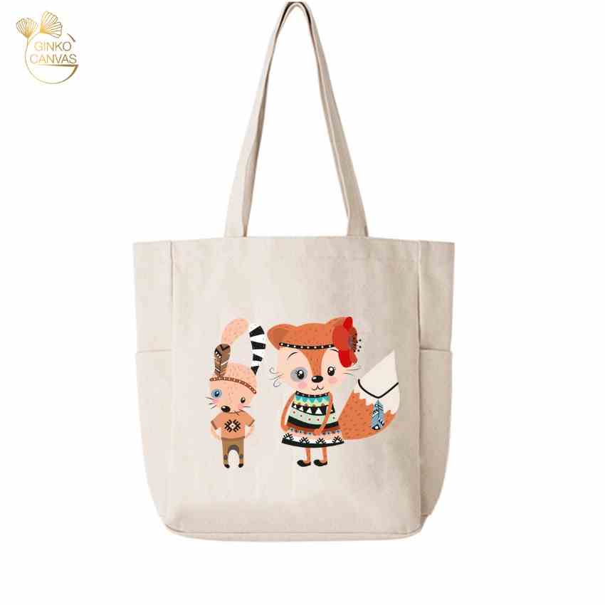 Túi Tote Vải Canvas GINKO Unisex Dáng Hộp Phong Cách Hàn Quốc In Hình Cute Tribal Rabbit Fox On- HGK04