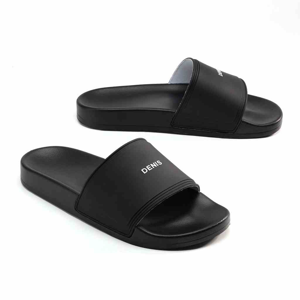 Dép quai ngang Denis Unisex Slipper DT02 đế PU quai PVC màu đen chữ trắng Ngoài trời