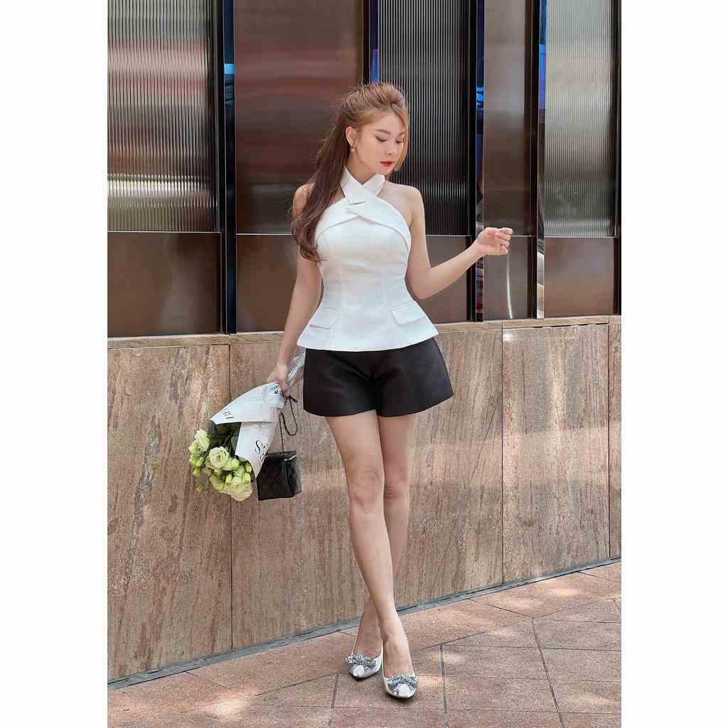 Áo peplum cổ yếm trắng, đen JOVEN