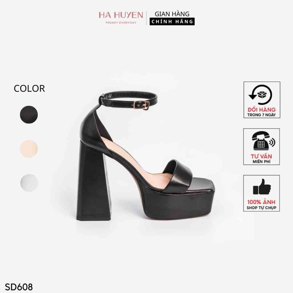 [Mã BMLTB200 giảm đến 100K đơn 499K] Sandal cao gót nữ Hà Huyền Shoes mũi vuông quai ngang gót vuông 11 phân - SD608