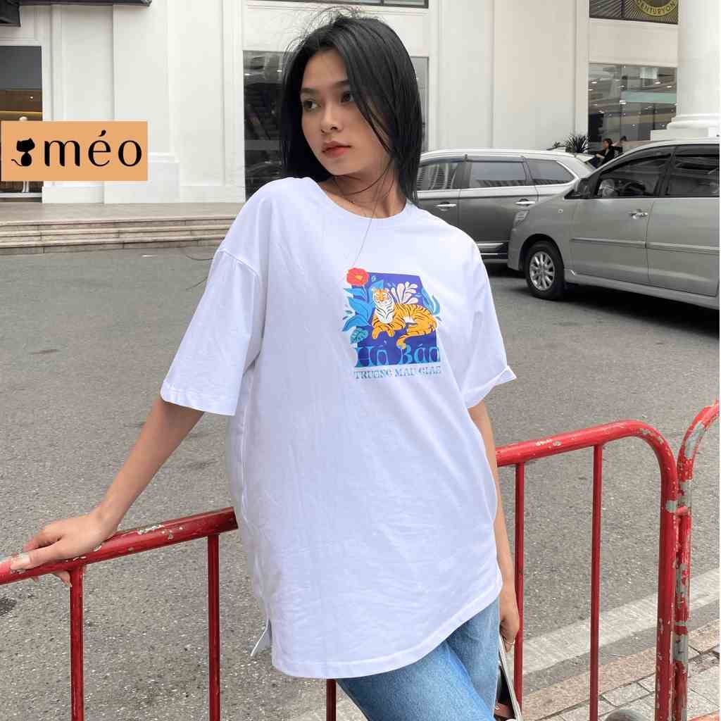 Áo thun nữ Méo shop cổ tròn tay lỡ cotton form rộng freesize HO BAO