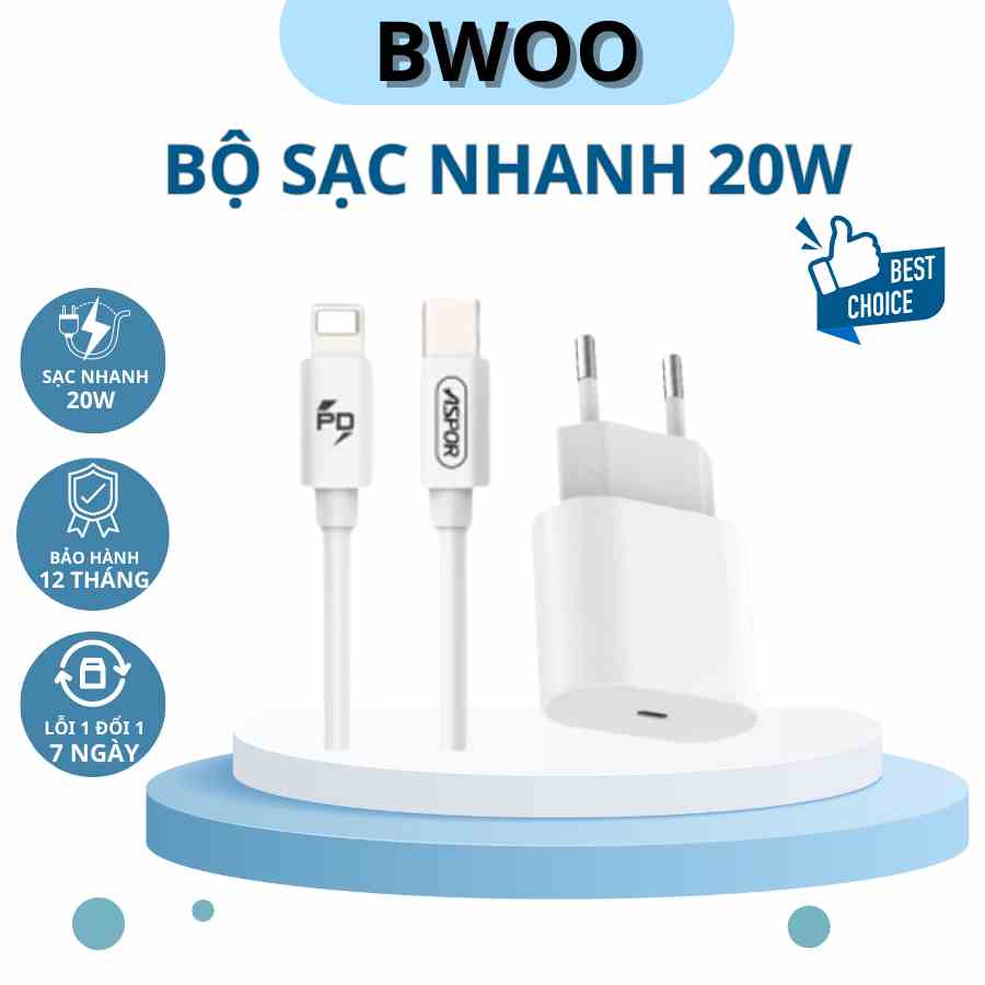 Bộ sạc nhanh 20W Aspor A801, type C ra L.ning, sạc 30 phút đầy 55% pin, chống nóng máy và cháy nổ, bảo hành 12 tháng