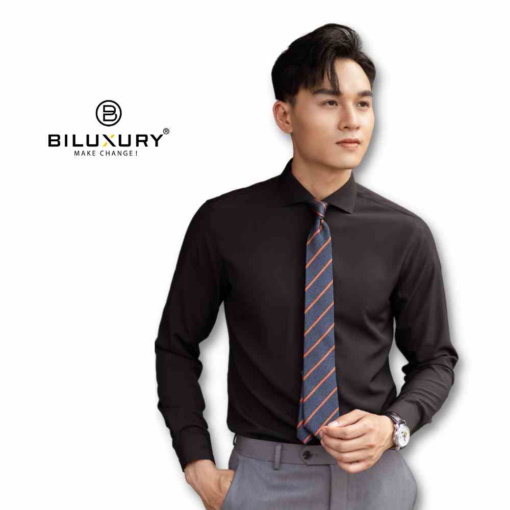 Áo Sơ Mi Nam Đen Dài Tay T2 4SMDB003DEN Biluxury Basic Trơn Form Slimfit Cao Cấp