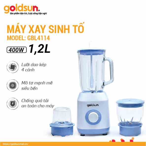 Máy xay sinh tố Goldsun GBL4114 công suất 400W, 3 cối thủy tinh cao cấp, lưỡi dao inox 4 cánh