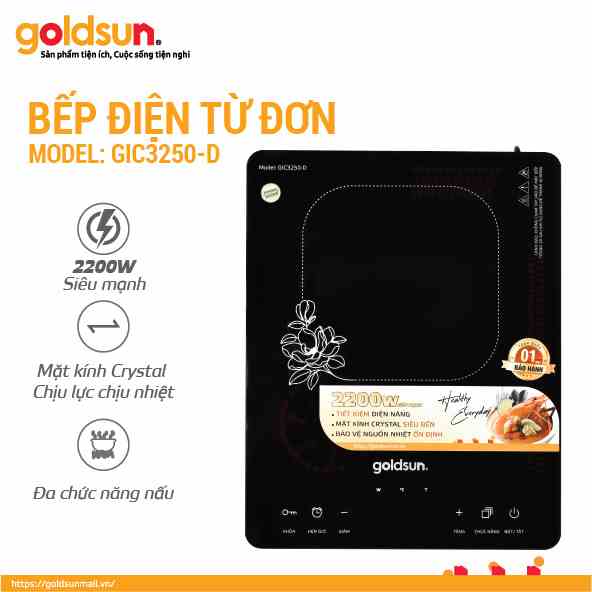 Bếp điện từ đơn GIC3250-D mặt kính cường lực 2200W Goldsun có màn hình LED cảm ứng thông minh