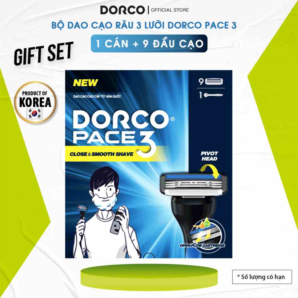 [Mã BMLTB35 giảm đến 35K đơn 99K] Bộ Dao Cạo Râu 3 Lưỡi Dorco Pace 3 Gồm 1 Cán 9 Đầu Cạo