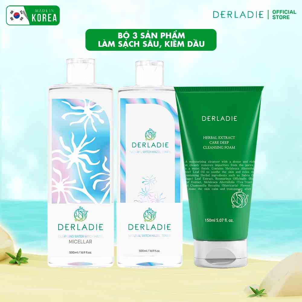 Bộ 3 sản phẩm Tẩy trang Derladie 500ml, Toner Derladie Natural Witch Hazel 500ml, Sữa Rửa Mặt Tràm Trà Derladie 150ml