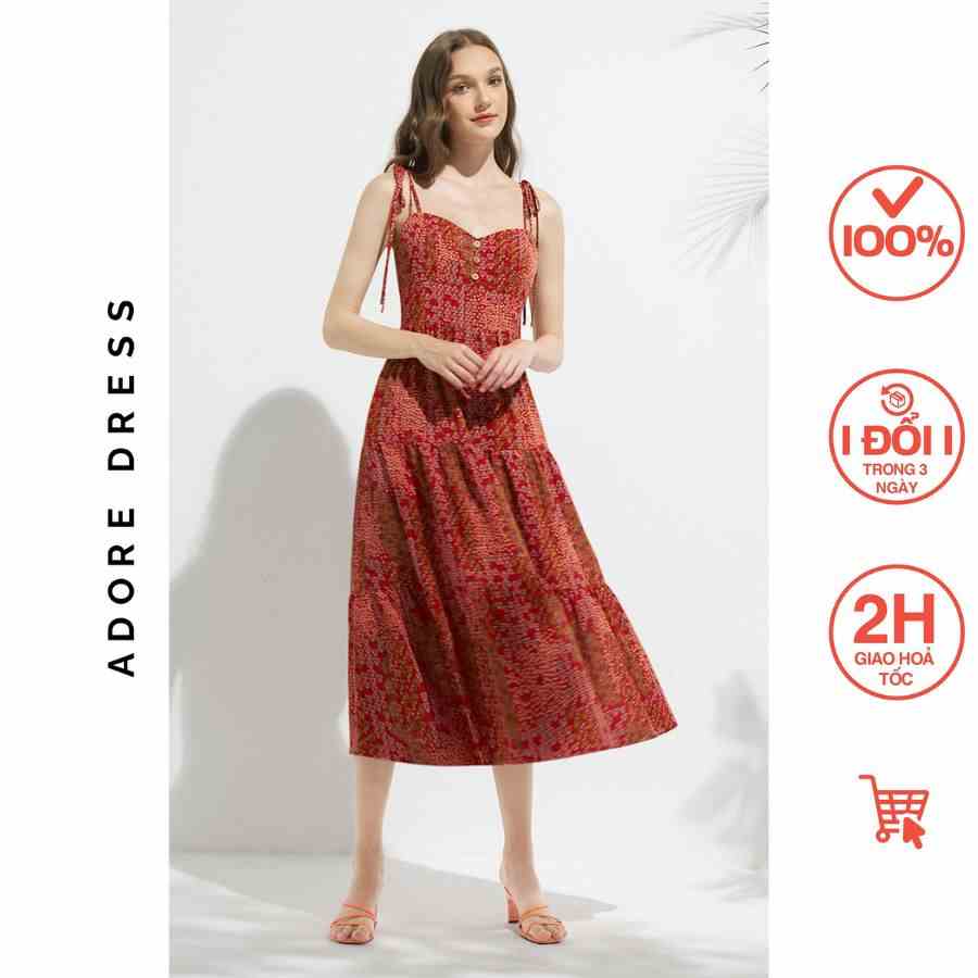 Đầm Maxi resort style lụa họa tiết hoa nhí đỏ khuy dừa 311DR3010 ADORE DRESS