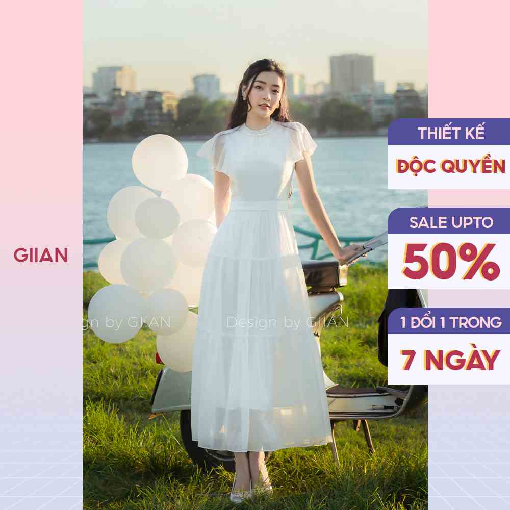 Váy trắng dáng dài dự tiệc tiểu thư thiết kế tay cánh tiên cổ đính ngọc sang chảnh thương hiệu Giian - GV2527TR