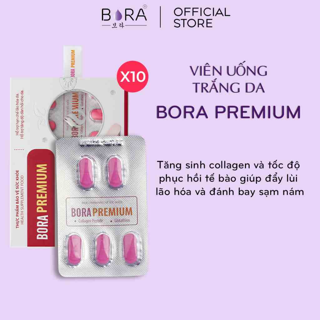 COMBO 10 Viên Uống Trắng Da Cao Cấp BORA PREMIUM Giúp Trẻ Hóa Sáng Mịn Làn Da Hộp 20 viên