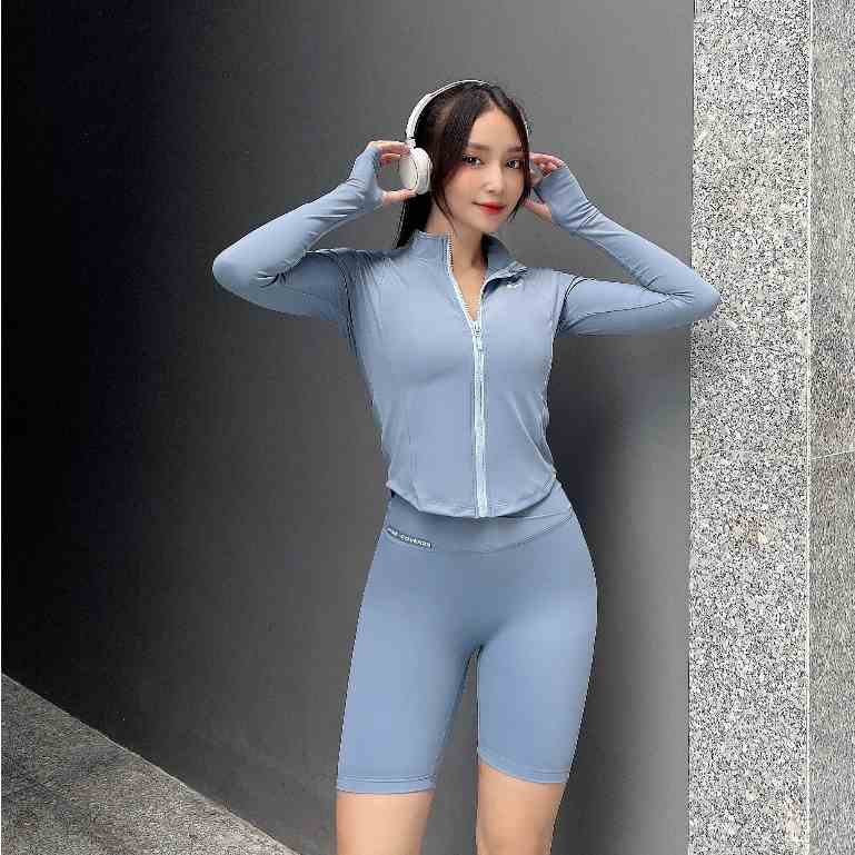 Set đồ tập gym yoga Fitme Cover23 áo khoác fullzip xám xanh quần biker phối xéo xám xanh