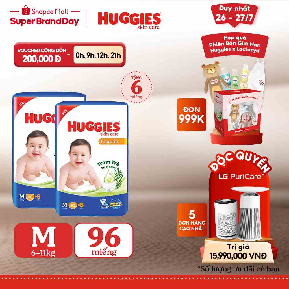 Combo 2 Tã quần Huggies Skincare Jumbo M42/L38/XL32/XXL28/XXXL22+6