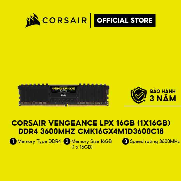 [Mã ELCL7 giảm 7% đơn 300K] Ram Desktop Corsair Vengeance LPX (CMK16GX4M1D3600C18) 16GB (1x16GB) DDR4 3600MHz