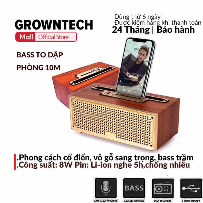 Loa bluetooth XM 5H GROWNTECH phong cách cổ điển, vỏ gỗ sang trọng, bass trầm ấm,cổng USB,thẻ nhớ,aux bảo hành 24 tháng