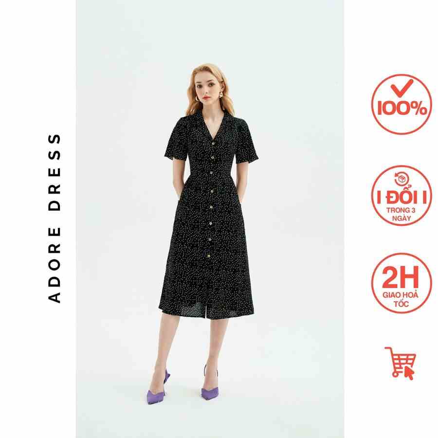 Đầm Midi dresses casual style lụa chấm bi đen khuy dừa 311DR2039  ADORE DRESS