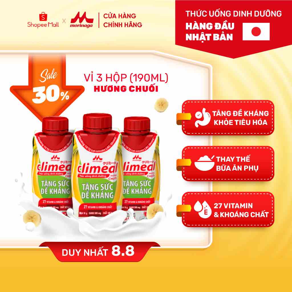 [Mã BMLTB35 giảm đến 35K đơn 99K] Vỉ 3 hộp 190ml Thức uống dinh dưỡng Climeal - Hương chuối