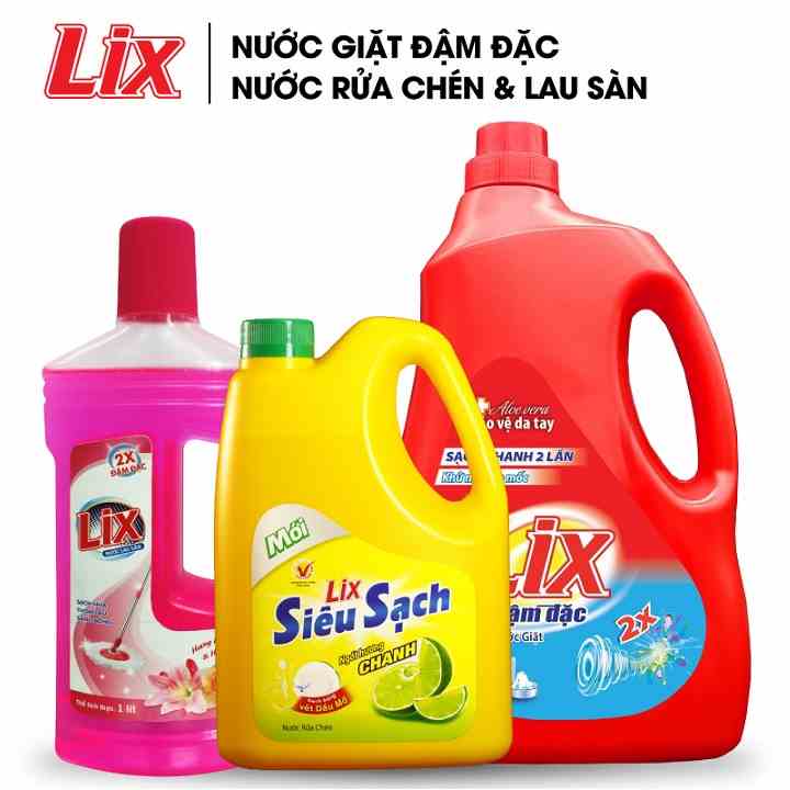 COMBO 55 gồm Nước giặt LIX hương hoa 2kg+ Nước rửa chén LIX siêu sạch chanh 1.4kg + Nước lau sàn LIX lily hoa hồng 1 lít