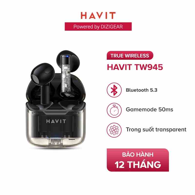 Tai Nghe TWS HAVIT TW945, Trong Suốt Transparent, BT 5.3, Gamemode 50ms, Nghe Đến 3H - Chính Hãng BH 12 Tháng