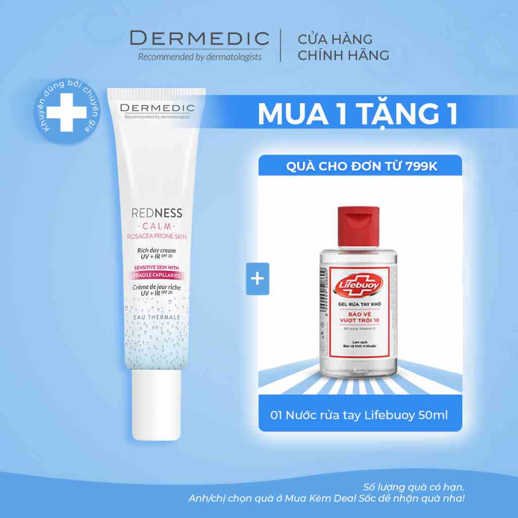 Kem dưỡng ban ngày dành cho da nhạy cảm, mẩn đỏ Dermedic Redness Rosacea Prone Skin Rich Day Cream UV + IR SPF20 - 40ml