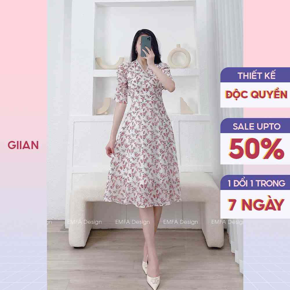 Váy hoa nhí xòe dáng dài tay bồng cổ V chính hãng Giian - TV09