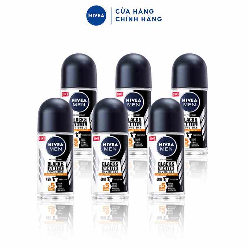 Bộ 6 Lăn Ngăn Mùi 5in1 Ngăn Vệt Ố Vàng NIVEA MEN BLACK&WHITE INVISIBLE ULTIMATE (50 ml)