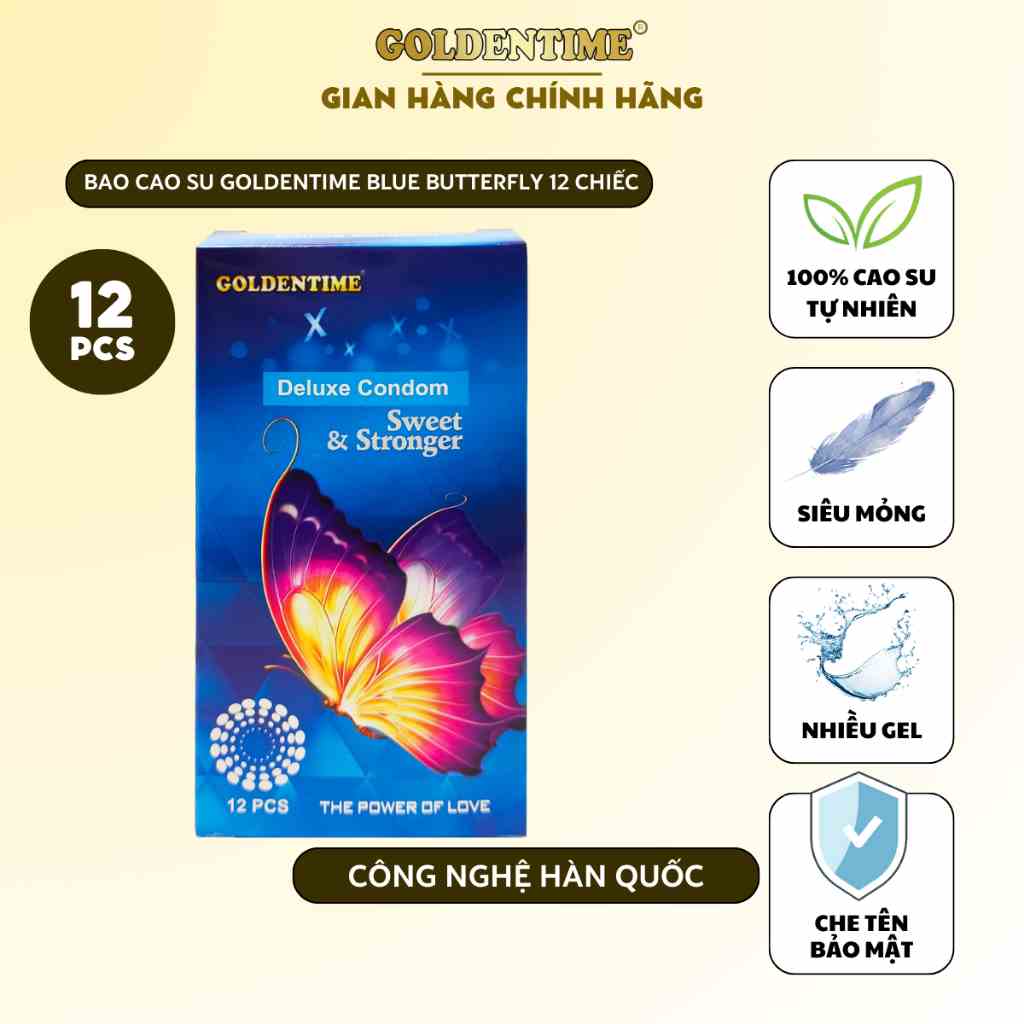 Bao cao su GOLDENTIME Blue Butterfly gân gai công nghệ Hàn Quốc ( hộp 12 bao)