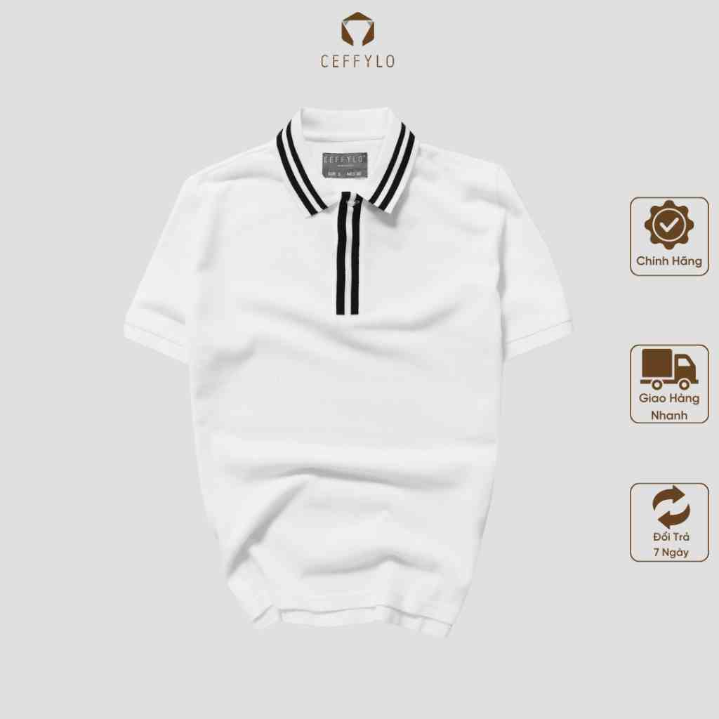 Áo Polo Nam Cộc Tay Phối Cổ Ceffylo Màu Trắng Chất Liệu Cotton Kiểu Dáng Trẻ Trung Form Slimfit Thời Trang Nam