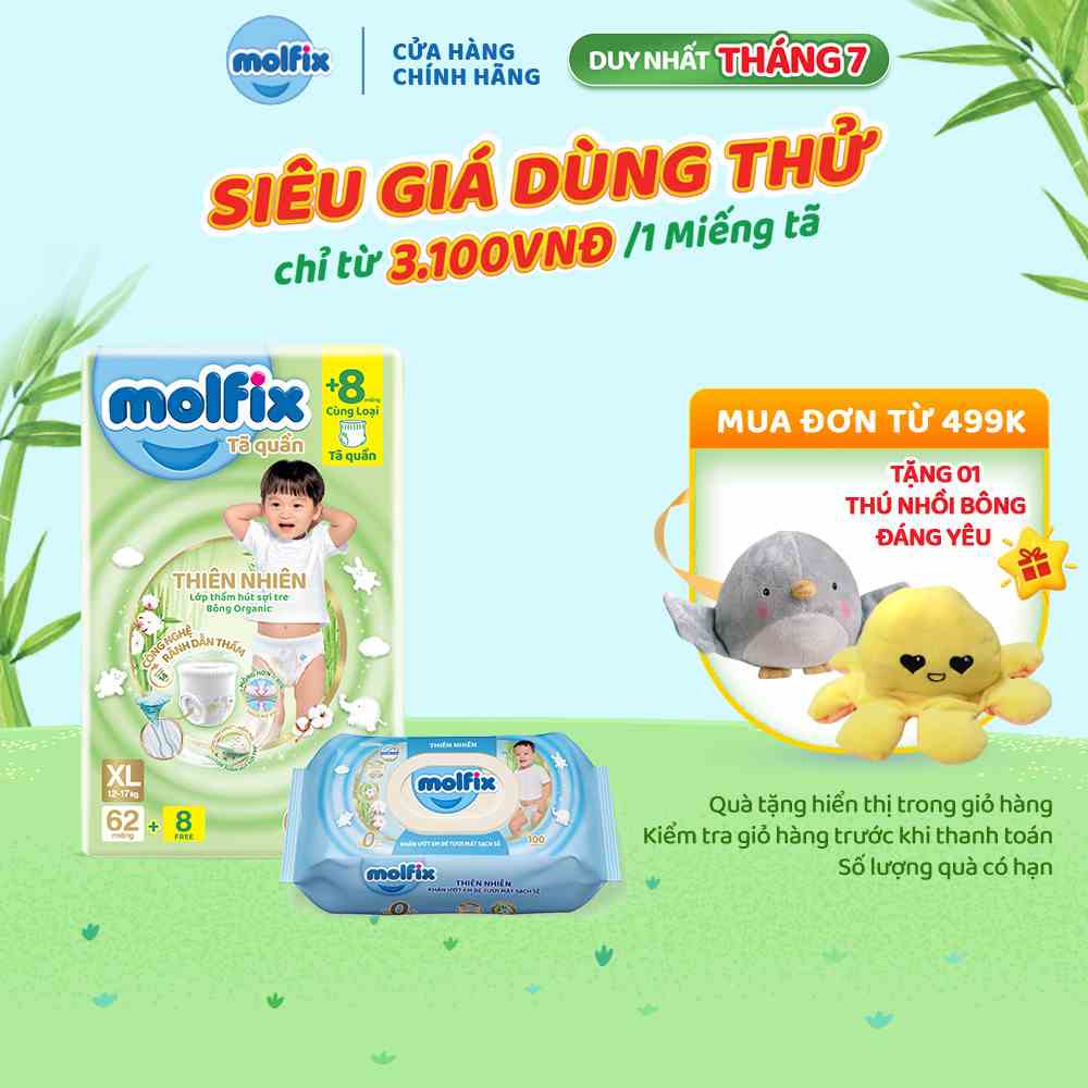 Combo Tã quần Molfix Thiên Nhiên ULTRA XL62+8 + Khăn ướt Tươi Mát Sạch Sẽ