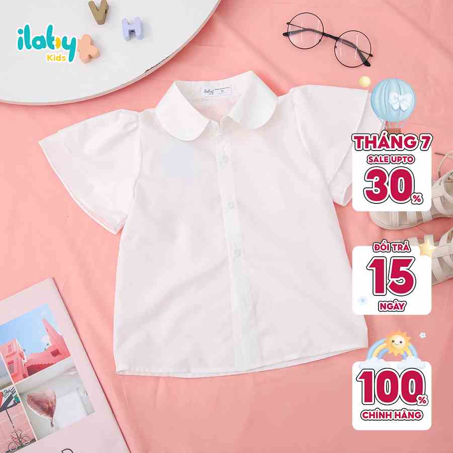 [Tăng 1 size với bảng size] Áo sơ mi bé gái ILABY tay hai tầng chất liệu thô cotton mềm mại thoáng mát [22IG1671C3SC]