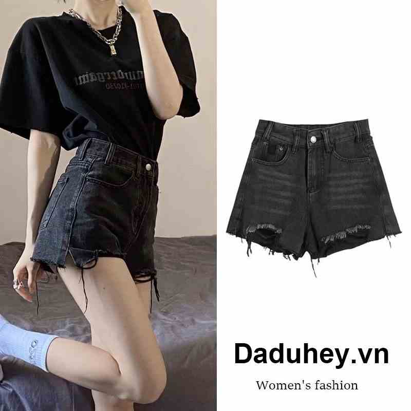 Quần short denim DaDuHey dáng chữ A viền thô phong cách Hàn Quốc INS cao cấp