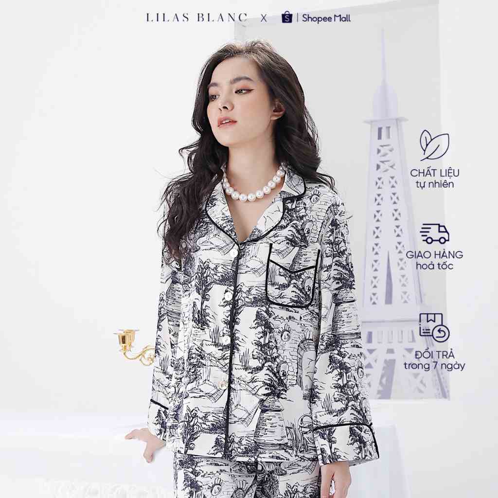 Bộ Pyjamas Nữ Mặc Nhà Áo Dài Quần Dài Chất Liệu Lụa In Họa Tiết Đen Trắng Paris LILAS BLANC