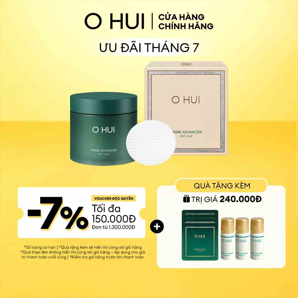 Bông dưỡng da toner tẩy tế bào chết chống lão hóa sớm cho da nhạy cảm OHUI Prime Advancer Skin Pad (Hộp 70 miếng)