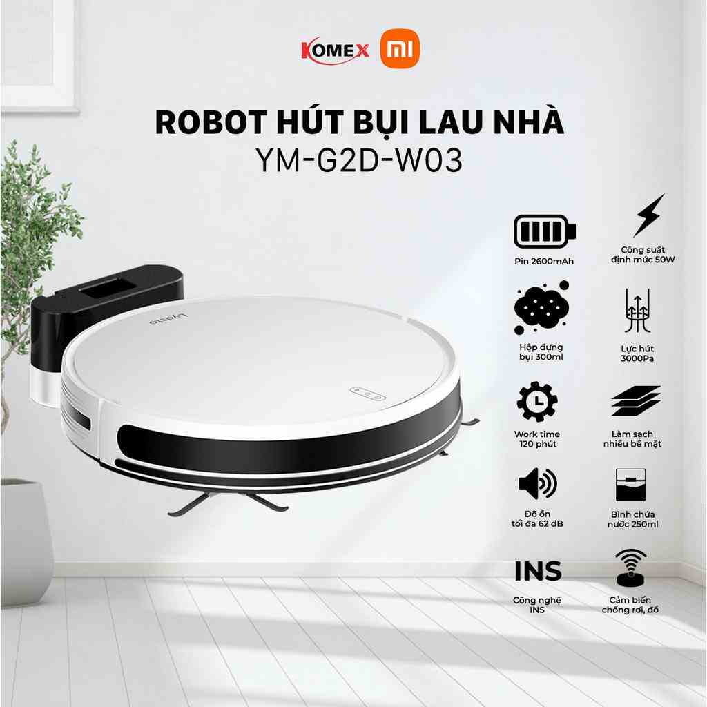 Robot hút bụi lau nhà Xiaomi Lydsto G2D có cảm biến chống rơi lực hút 3000PA sử dụng app điều khiển - komex