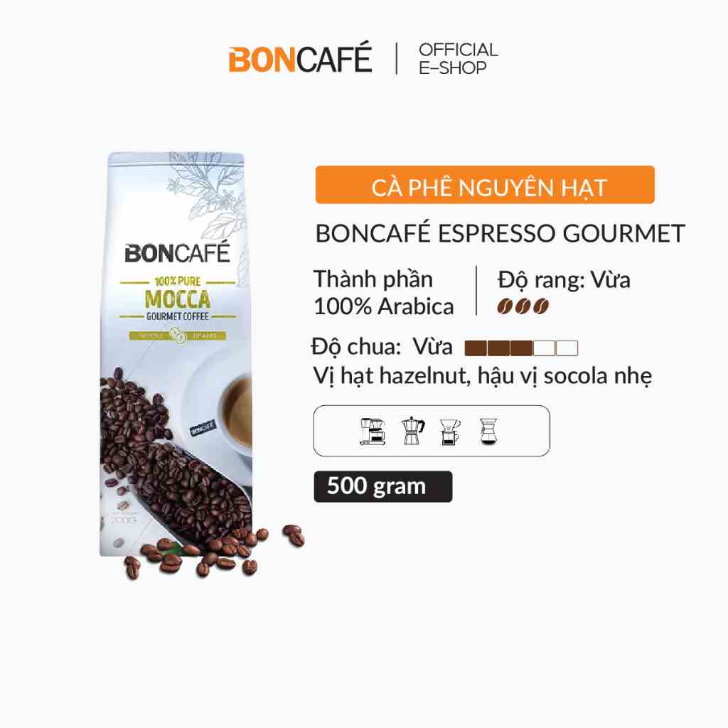 Cà phê nguyên hạt nguyên chất Arabica rang vừa Mocca Boncafé Gourrmet 500g/gói - Cà phê pha phin, pha espresso