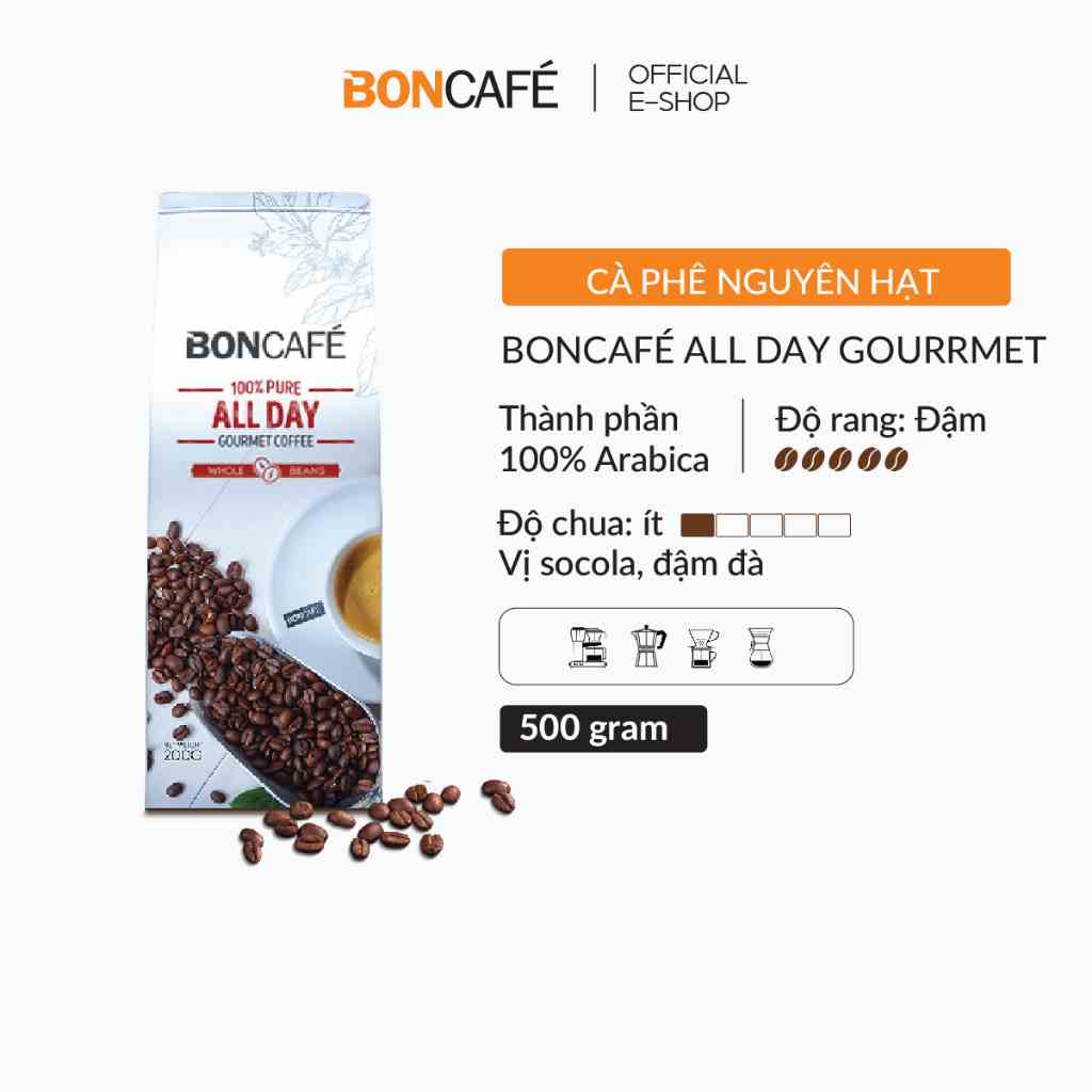 Cà phê hạt nguyên chất Arabica rang đậm All day Boncafé Gourrmet 500g/gói - Cà phê pha phin, pha espresso