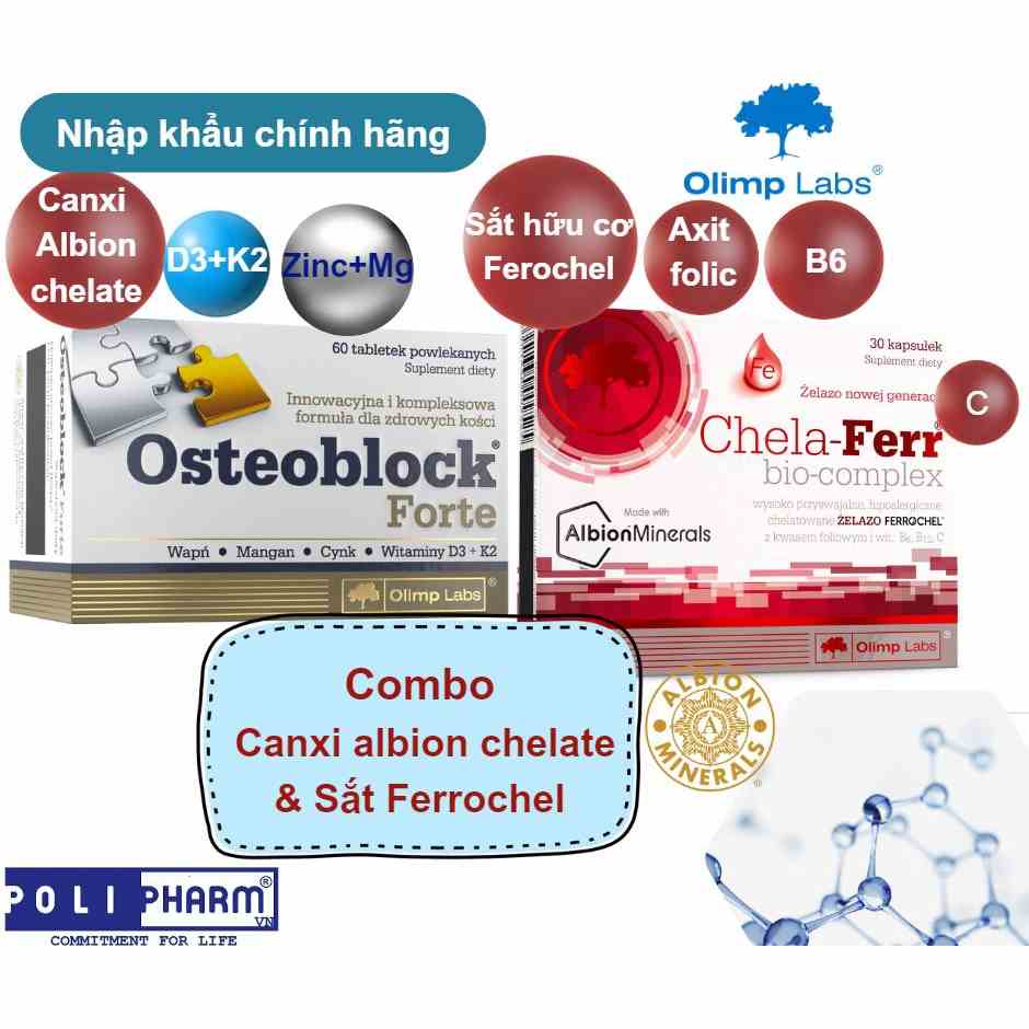 Cặp Canxi chelate hữu cơ OSTEOBLOCK Forte và sắt ferrochel Chela ferr bio complex - OLIMP LABS - balan