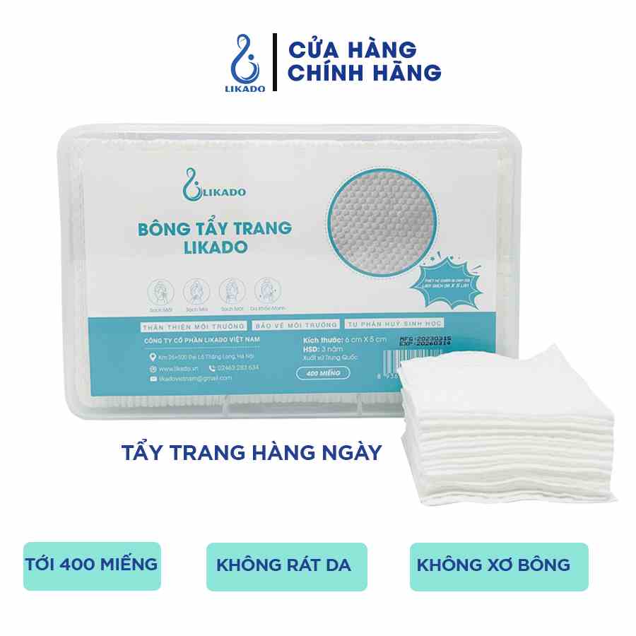 Bông tẩy trang Likado hộp 400 miếng kích thước 6cmx5cm