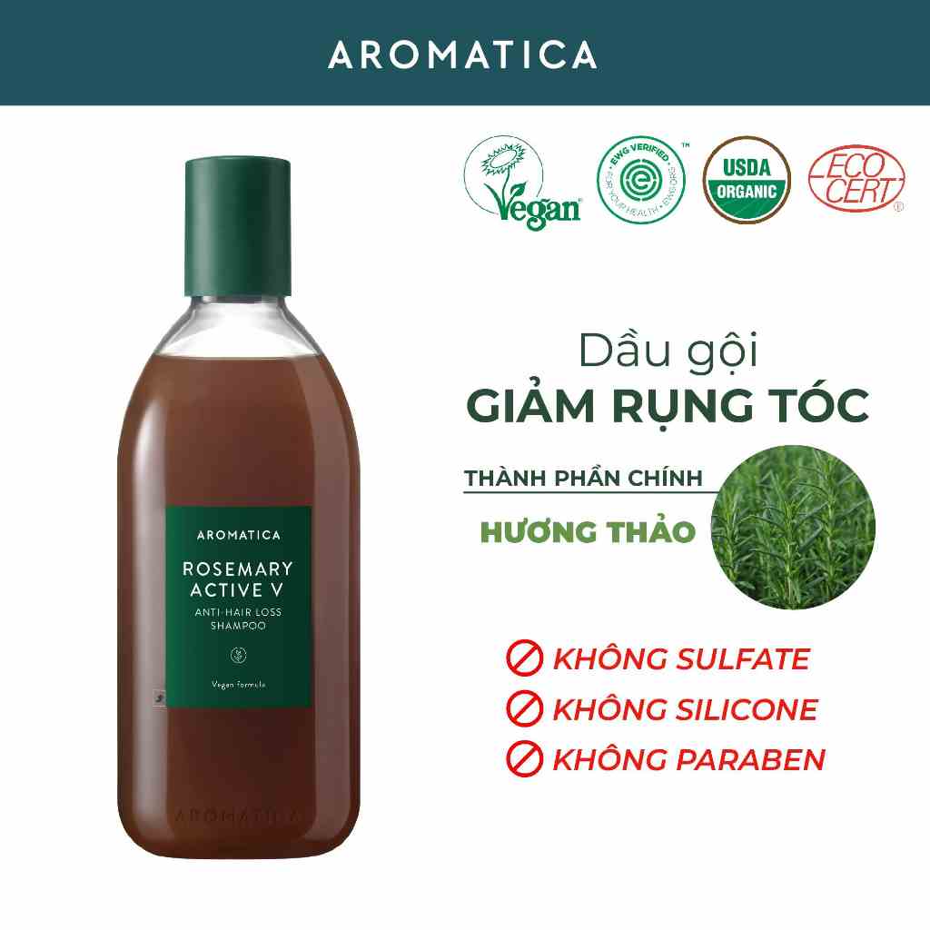 [NEW PACKAGING] Dầu Gội Giảm Rụng Tóc Chiết Xuất Hương Thảo Aromatica Rosemary Active V Anti Hair Loss Shampoo 400ml