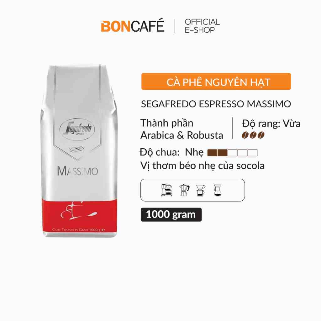 Cà phê hạt nguyên chất Arabica & Robusta pha Espresso Segafredo Massimo vị Socola đen 1Kg/gói