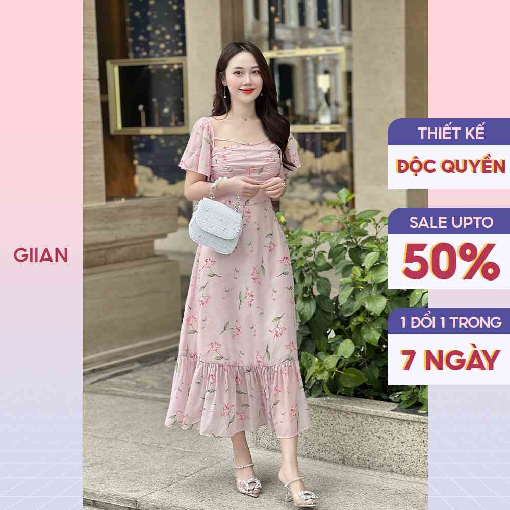 Váy dáng dài đuôi cá in hoa thiết kế tay cánh tiên cổ vuông chính hãng Giian - GV2673