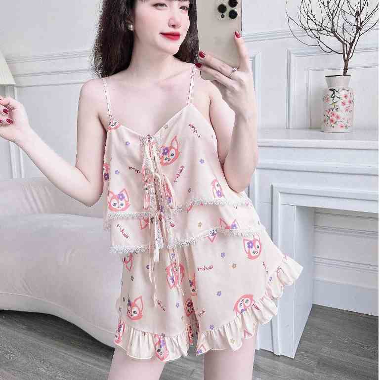 Bộ Ngủ Nữ SOJUN Set Mặc Nhà 2 Tầng Lụa Latin Phối Ren Free Size 43-63 kg