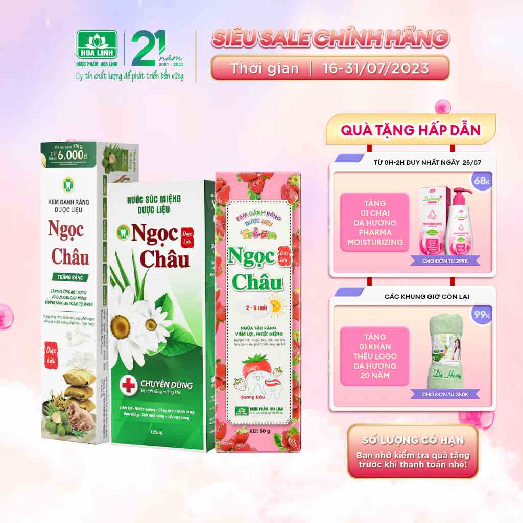 Bộ chăm sóc gia đình ( 1 KĐR Ngọc Châu trắng sáng 170g, 1 NSM Ngọc Châu 125ml, 1 KĐR Ngọc Châu trẻ em hương dâu)