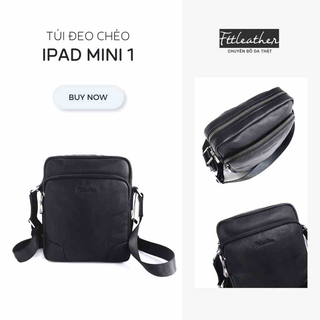 Túi đeo chéo nam FTT Leather da bò màu đen thiết kế trơn đơn giản, thời trang, đựng được ipad mini kích thước 19cmx23cm