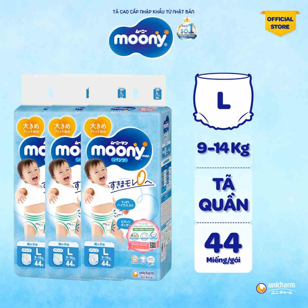 [V] Bộ 3 Tã quần cao cấp Moony Bé Trai L44/XL38/XXL26 - Nhập khẩu Nhật Bản