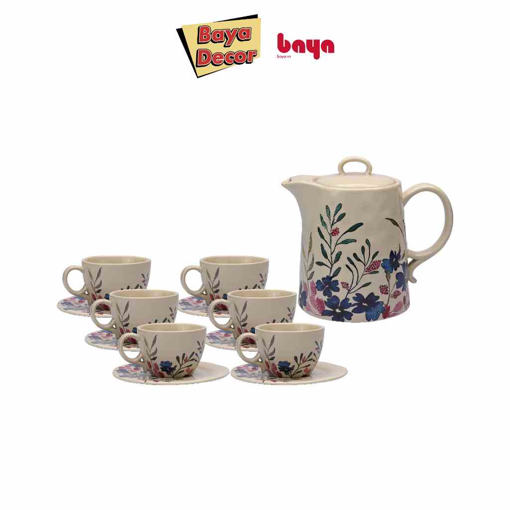 Bộ Ấm Trà Baya Floral Sứ Tráng Men Cao Cấp Màu Kem, Hoa Văn Họa Tiết, Gồm Ấm Và 6 Chén, 2001257